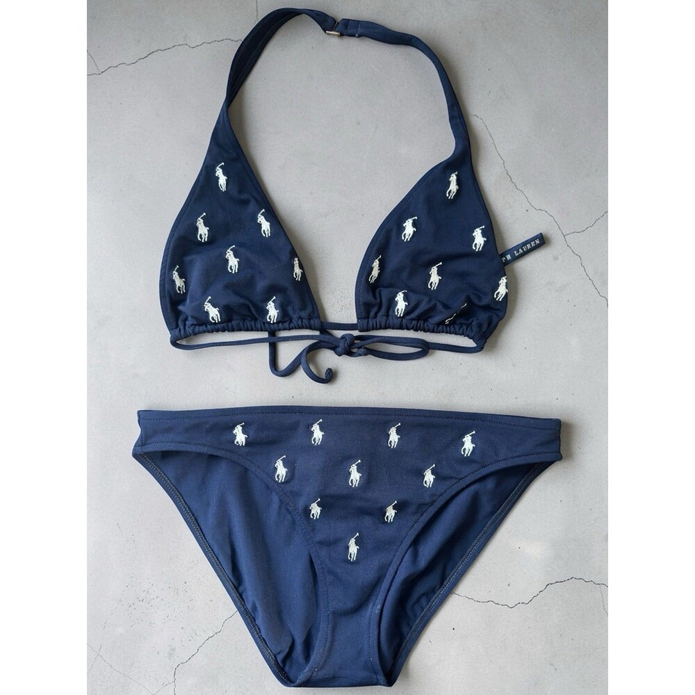 Vintage Polo Ralph Lauren Bikini Medium Navy Blue Embroidered White Pony 90s